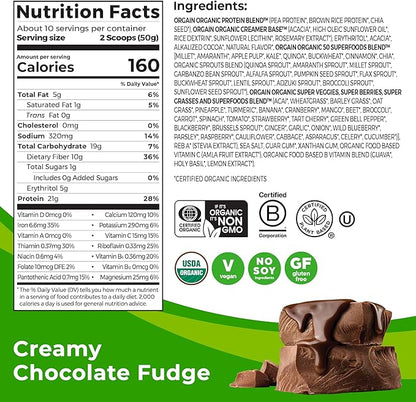 Orgain Organic Vegan Protein + 50 Superfoods Powder, Creamy Chocolate Fudge - 21g Plant Based Protein, 10g Prebiotic Fiber, No Lactose Ingredients, Gluten Free, No Added Sugar, Non-GMO, 1.12 lb