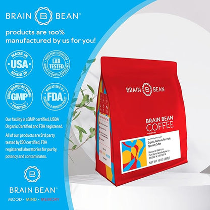 Brain Bean Organic Coffee - Smooth Taste, Antioxidant Rich & Fair Trade - Whole Bean Medium Roast 16 Oz (3 Pack)