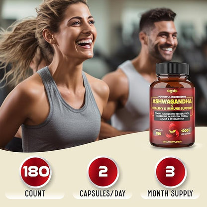 Ashwagandha Capsules w Healthy Support & CoQ10, Magnesium 180 Pills