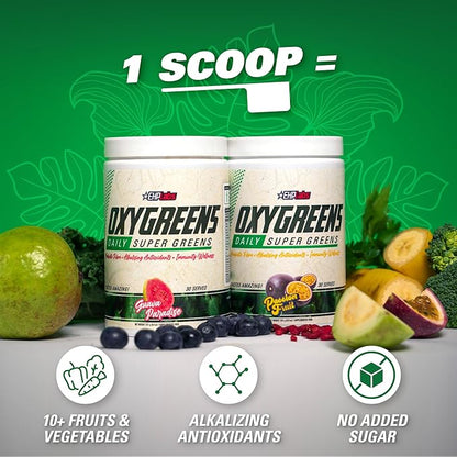 EHP Labs OxyGreens Super Greens Powder - Spirulina & Chlorella Superfood, Green Juice Powder & Greens Supplements with Prebiotic Fibre, Antioxidants & Immunity Support, 30 Serves (Guava Paradise)