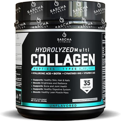 SASCHA FITNESS Hydrolyzed Multi Collagen Peptides 1,2 & 3 |Hyaluronic