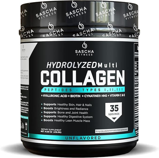 SASCHA FITNESS Hydrolyzed Multi Collagen Peptides 1,2 & 3 |Hyaluronic