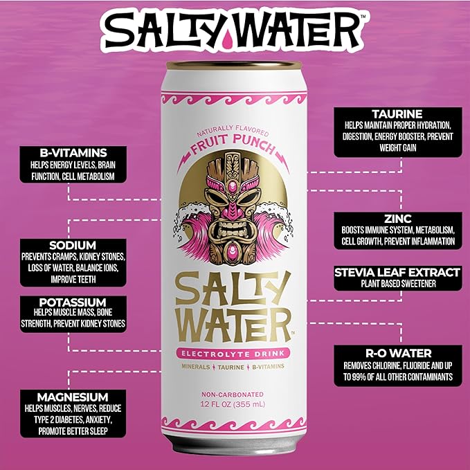 SaltyWater Electrolyte Drink, Fruit Punch – Zero Sugar Premium Hydration Drink, 10 Calories, Minerals, Taurine, B-Vitamins, Non-Carbonated - Zero Caffeine Electrolyte Sports Drink - Keto, Paleo, Vegan - 12 Pack (12 oz)
