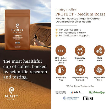 Purity Coffee PROTECT Light-Medium Roast Ground Coffee for Liver Vitality - USDA Organic and Third-Party Tested for Antioxidants, Mold, Mycotoxins and Pesticides - 12oz