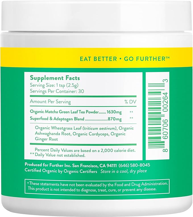 Further Food Premium Matcha Green Tea Powder USDA Organic Japanese Matcha Powder, Natural Energy + Focus + Boost Immune System, Antioxidant Plant-Based Detox Superfood (30 Servings)