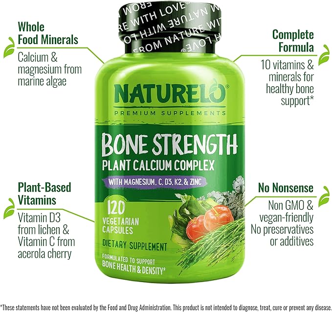 NATURELO Calcium Supplement 600mg, Vitamin D3, K2, K2, C, 120 Vegetarian