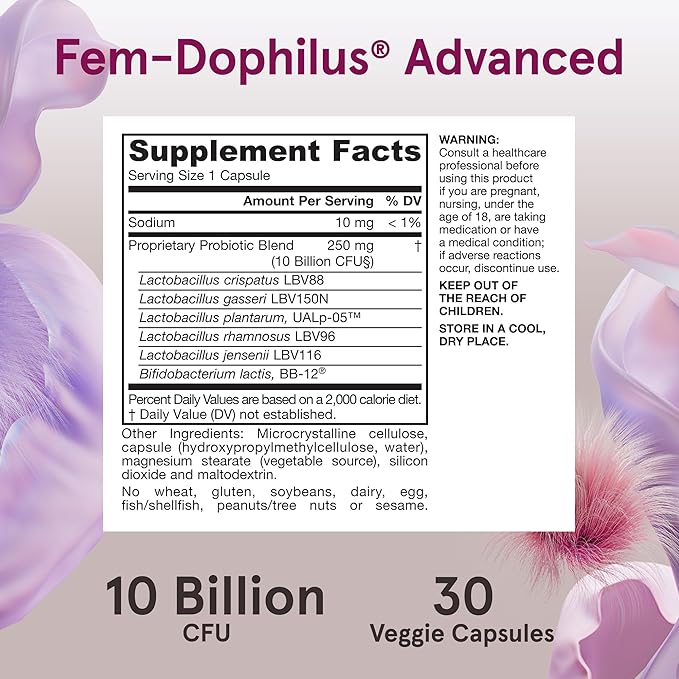 Jarrow Formulas Fem-Dophilus Advanced Probiotics 10 Billion CFU With 6 Science-Backed Strains, For Vaginal, Urinary Tract, Digestive, and Immune Support, 30 Veggie Capsules, Shelf-Stable