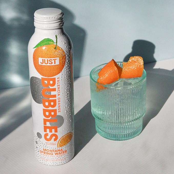 JUST Bubbles Valencia Orange- Pure Premium Sparkling Spring Water in a Fully Recyclable Reusable Eco-Friendly Bottle - 100% Mountain-Sourced Carbonated Water with Naturally Occurring Minerals, 16 Fl