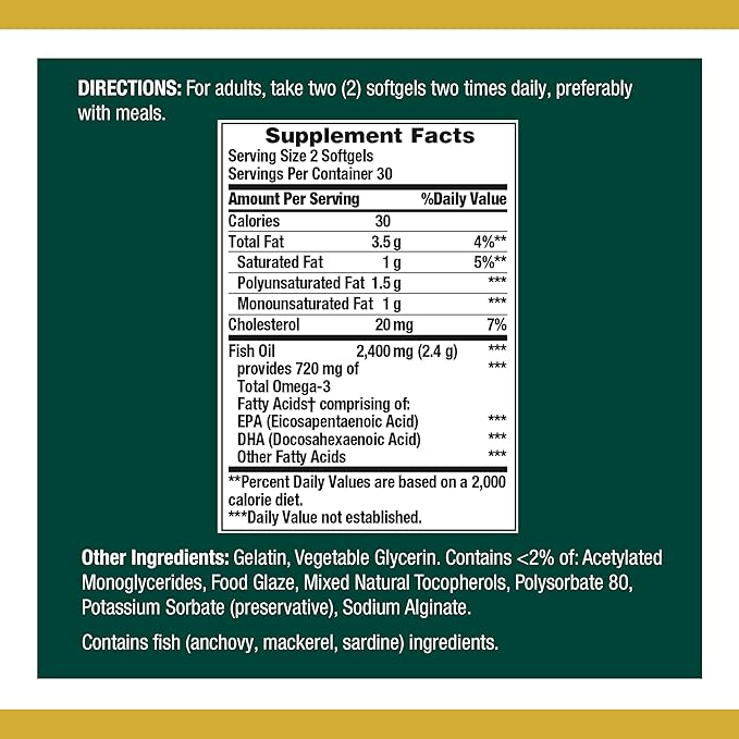 Nature's Bounty Fish Oil, 1200mg, 360mg of Omega-3, 60 Odorless Softgels (Packaging May Vary)