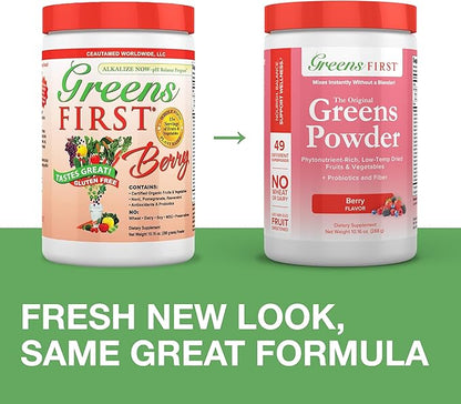 Greens First Original Greens Powder - 49 Superfoods - Organic Fruits & Veggies - Prebiotics, Probiotics & Digestive Enzymes - Antioxidant Smoothie - Dairy Free, Vegan & Non-GMO (Berry, 30 Servings)