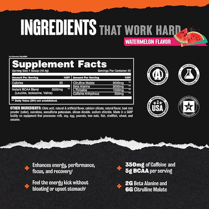 Animal Fury Pre Workout Powder - Energy and Focus Supplement with 5g BCAA, 350mg Caffeine Nitric Oxide Booster with Beta-Alanine, Preworkout for Men and Women, Watermelon Flavor, 20 Servings