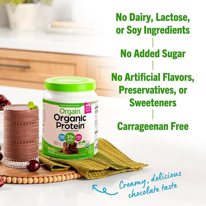 Orgain Organic Vegan Protein Powder, Creamy Chocolate Fudge - 21g Plant Protein, 7g Prebiotic Fiber, Low Net Carb, No Lactose Ingredients, No Added Sugar, Non-GMO, For Shakes & Smoothies, 1.02 lb