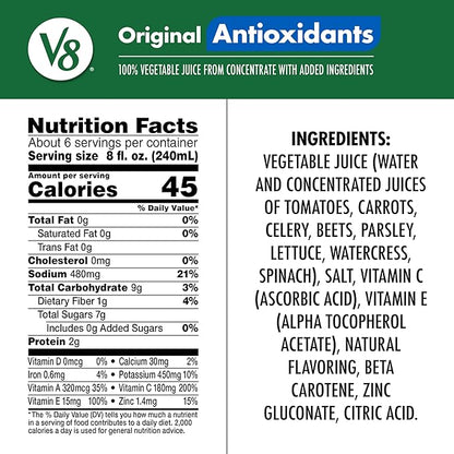 V8 Antioxidants Original 100% Vegetable Juice, 46 fl oz Bottle (6 Pack)
