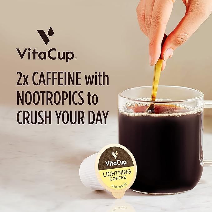 VitaCup Lightning Coffee Pods, for Memory & Focus w/ 2X Caffeine, Green Coffee Bean, B Vitamins, D3, Strong Dark Roast Coffee, Recyclable Single Serve Pod Compatible with Keurig K-Cup Brewers,32 Ct