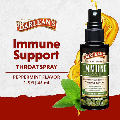 Barlean's Olive Leaf Complex Throat Spray with Peppermint, Lemon, and Sage for Itchy Throat Relief, Immune Support Supplement, Liquid Blended Extract, 1.5 oz