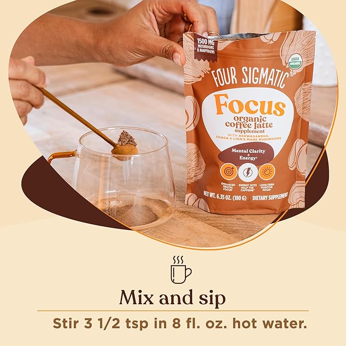 Four Sigmatic Focus Organic Mushroom Coffee Latte | 1500mg Adaptogens per Serving | Lion's Mane, Chaga, Rhodiola, Ashwagandha & Mucuna for Energy, Focus, Positivity & Immune Support | 30 Servings