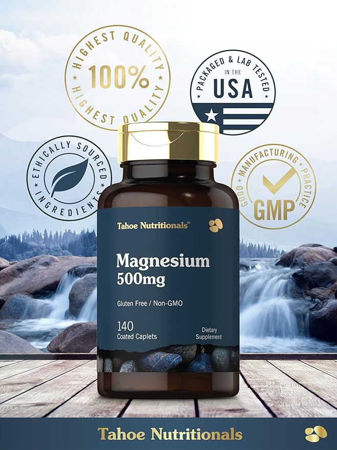 Tahoe Nutritionals Magnesium | 500mg | 140 Coated Caplets | Non-GMO and Gluten Free Supplement