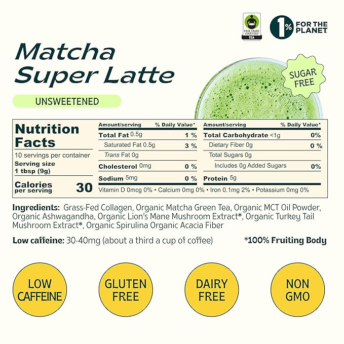 JIBBY Mushroom Matcha Super Latte - Ceremonial Grade Green Tea Organic Matcha Powder, Collagen, MCT Oil, Superfood Mushrooms, Matcha Latte Collagen Powder, Matcha Powder (Unsweetened, 10 Servings)