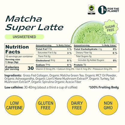 JIBBY Mushroom Matcha Super Latte - Ceremonial Grade Green Tea Organic Matcha Powder, Collagen, MCT Oil, Superfood Mushrooms, Matcha Latte Collagen Powder, Matcha Powder (Unsweetened, 10 Servings)