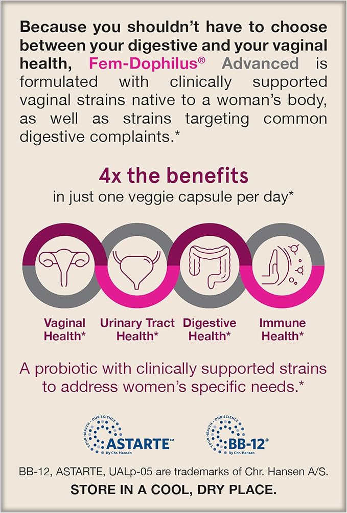 Jarrow Formulas Fem-Dophilus Advanced Probiotics 10 Billion CFU With 6 Science-Backed Strains, For Vaginal, Urinary Tract, Digestive, and Immune Support, 30 Veggie Capsules, Shelf-Stable