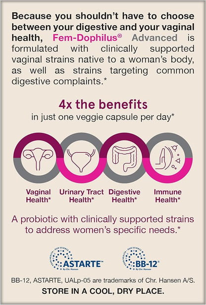 Jarrow Formulas Fem-Dophilus Advanced Probiotics 10 Billion CFU With 6 Science-Backed Strains, For Vaginal, Urinary Tract, Digestive, and Immune Support, 30 Veggie Capsules, Shelf-Stable