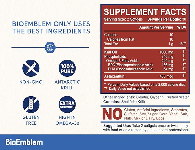 BioEmblem Antarctic Krill Oil Supplement 1000mg | Omega-3 Oil 60-Count Non-GMO