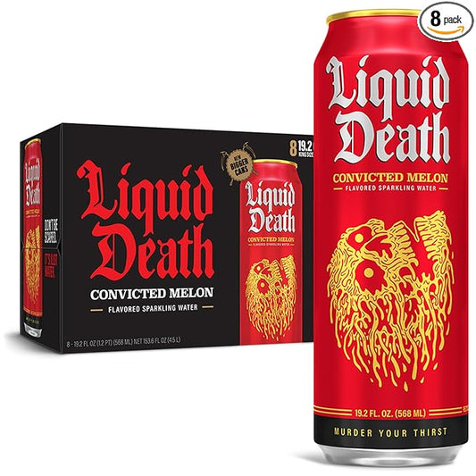 Liquid Death, Convicted Melon Sparkling Water, 8-Pack (King Size 19.2oz Cans), Watermelon Flavored Sparkling Beverage Sweetened With Real Agave, Low Calorie & Low Sugar