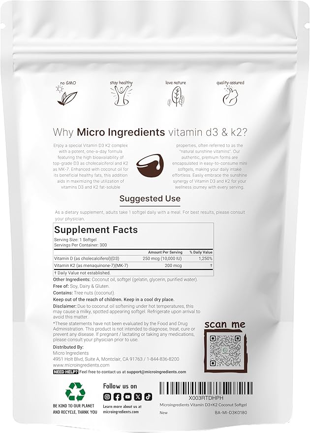 Vitamin D3 10000 iu Plus K2 (MK-7) 200 200 mcg, 300 Virgin 2 in 1 Vitamins