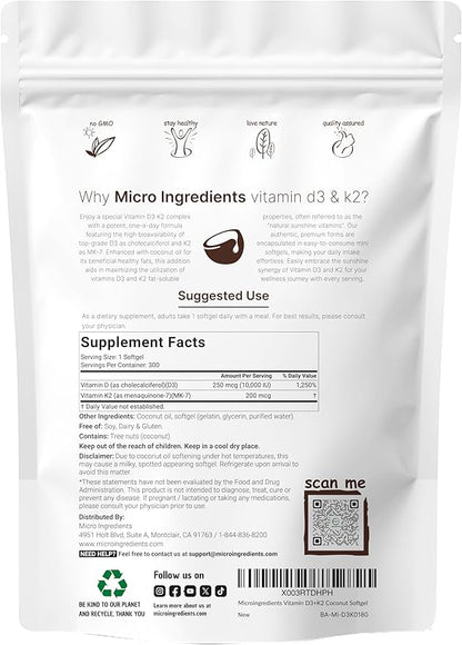 Vitamin D3 10000 iu Plus K2 (MK-7) 200 200 mcg, 300 Virgin 2 in 1 Vitamins