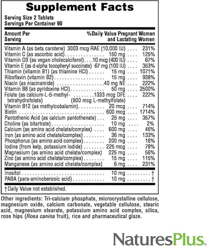 Natures Plus Ultra Prenatal Multivitamin - 800 mcg Folate, 180 Vegetarian Tablets - Prenatal Supplement with Iron, Iodine, Calcium & B-Complex Vitamins - Gluten-Free - 90 Servings