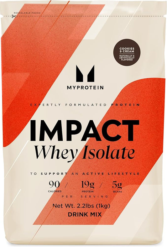 Myprotein Impact Whey Protein Isolate, 2.2 Lbs (40 Servings) Cookies & Cream, 19g Protein, 3.5g Glutamine & 4.5g BCAA Per Serving, Protein Shake for Muscle Strength & Recovery