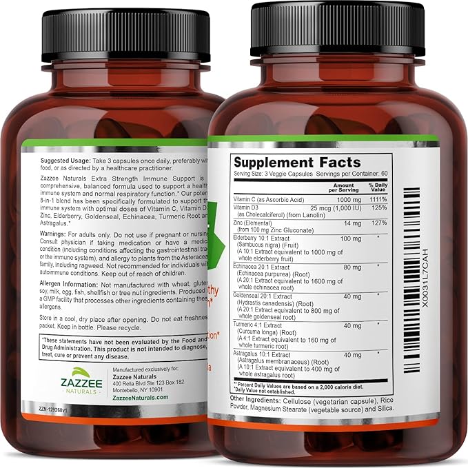Zazzee Extra Strength 8-in-1 Immune Support, 1400 mg 180 Vegan 1000 mg 1000 IU D3, Zinc,