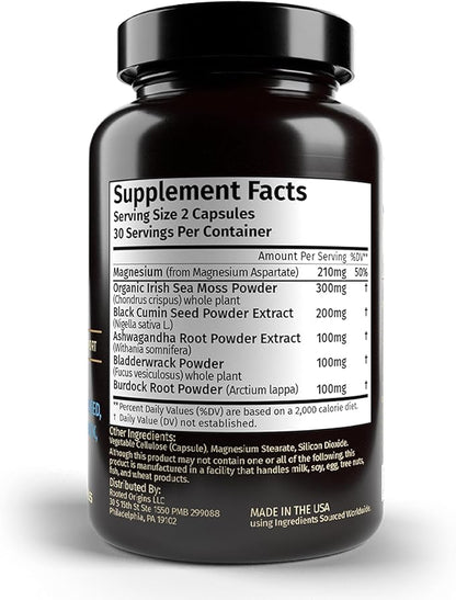 Sea Moss Capsules- Irish Sea Moss, Ashwagandha, Black Cumin Seed, Bladderwrack, Burdock Root & Magnesium- Immune Support, Gut Health, Energy, & More - 60 Capsules