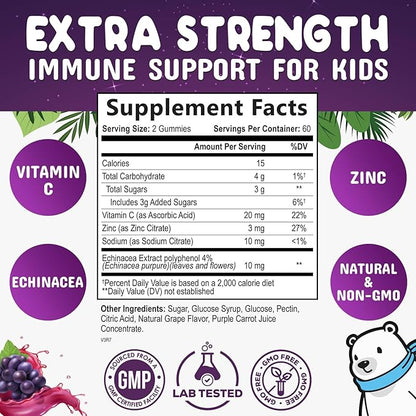 Kids Immune Support Gummy - Vitamin C, Zinc & Echinacea, Daily Children's Immune Support Gummies for Kids Ages 4 and Up, Nature's Vitamins for Kids, Vegan & Non-GMO, Natural Berry Flavor - 120 Gummies