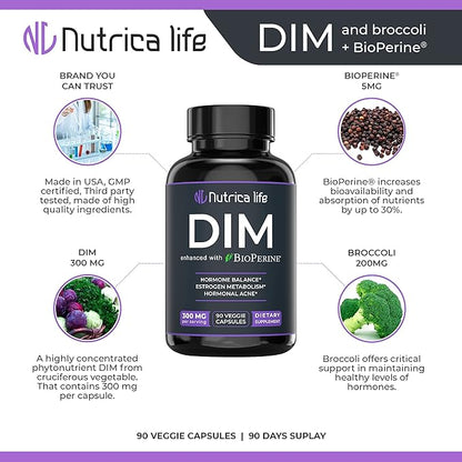 DIM Supplement 300mg - Diindolylmethane with Broccoli & BioPerine - Hormone Balance Support for Women & Men, Estrogen Metabolism, Menopause Relief & Hormonal Acne Control - 90 Vegan Caps