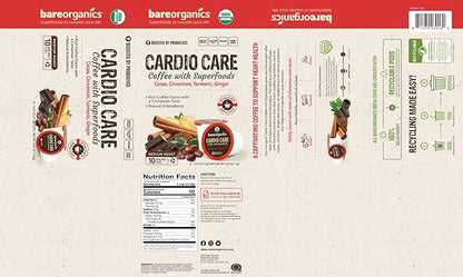 BareOrganics 13313 Cardio Care USDA Organic Coffee Pods, Compatible Organic Coffee Pods, Infused with Superfoods & Probiotics, Vegan Friendly, Gluten Free, 10 Single Serve Cups
