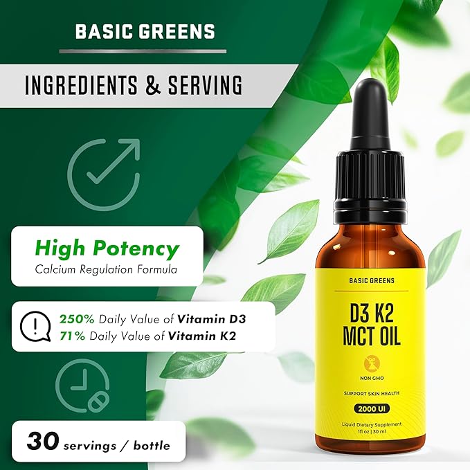 D3+K2 with MCT Oil - High Absorption Liquid Dietary Supplement, Drops for Bone, Heart & Immune Support, Non-GMO, Vegan-Friendly, 1 fl oz