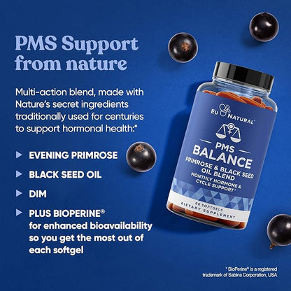 Balance PMS Vitamins for Women - Hormone Balance for Women, Menstrual & PMS Relief - Bloating, Cramping, Mood Swings, Restlessness, Clear Skin - Primrose Oil, Black Seed Oil & DIM - 60 Liquid Softgels