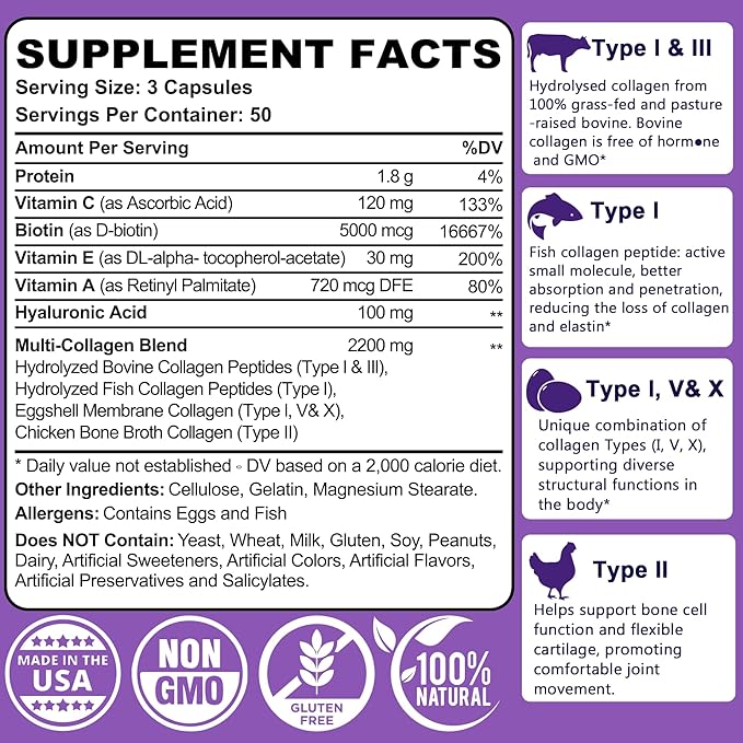 Multi Hydrolyzed Collagen Peptides Capsules 2200mg(Type I, 5000mcg, Vitamin