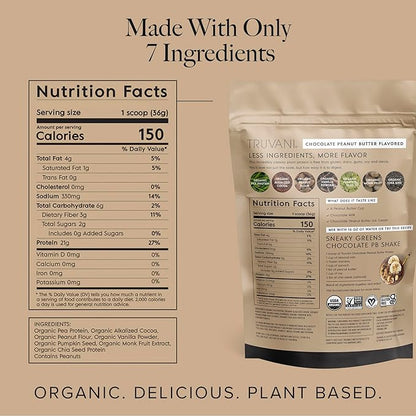 Truvani Vegan Pea Protein Powder | Chocolate Peanut Butter | 20g Organic Plant Based Protein | 20 Servings | Keto | Gluten & Dairy Free | Low Carb | No Added Sugar