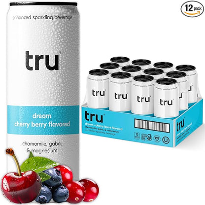 Tru Dream Seltzer, Calming Drink with Magnesium, GABA & Chamomile, Tart Cherry Flavor, Sparkling Water, Melatonin-Free, Kosher, Gluten-Free, Vegan, Low-Calorie, No Sugar Added, 12oz (Pack of 12)