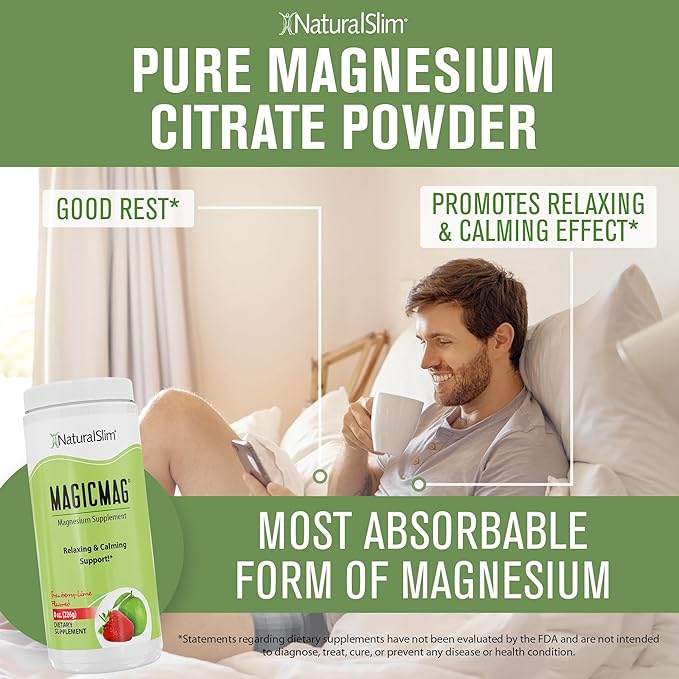 NaturalSlim Magicmag Pure Magnesium Citrate Powder – Stress, Constipation, Muscle, and Heart Support | Natural Strawberry & Lime Flavored Magnesium Supplement - 8oz Drink Mix (3 Pack)