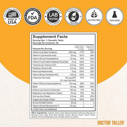 Doctor Taller Kids - Kids Multivitamins, Toddler Vitamins - Support Height Growth, Enhanced Immunity with Calcium, Multivitamins for Ages 2 to 9 - Grape Flavor - 90 Vegan Chewable Tablets | 3 Pack
