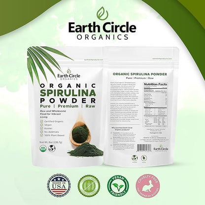 Earth Circle Organics Spirulina Powder, Kosher, Raw and Non-Irradiated | Pure Vegan Protein | Premium Energy Superfood, High in Amino Acids and Antioxidants - (8oz - 2Pack)