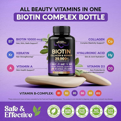 Biotin | Collagen | Keratin | 25000 mcg B1 | B2 | B3 | B6 | B7 - 60 Capsules