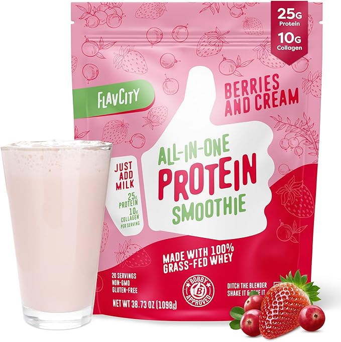 FlavCity Protein Powder Smoothie, Berries & Cream - 100% Grass-Fed Whey with Collagen (25g of Protein) - Gluten Free & No Added Sugars (38.73 oz)