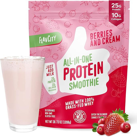 FlavCity Protein Powder Smoothie, Berries & Cream - 100% Grass-Fed Whey with Collagen (25g of Protein) - Gluten Free & No Added Sugars (38.73 oz)