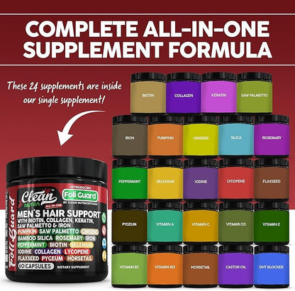 Hair Growth Supplement for Men | Biotin Collagen Keratin Saw Palmetto Iron Pumpkin Ginseng Bamboo Silica Rosemary Peppermint Selenium Iodine Flaxseed Horsetail Vitamin A C D3 E B12 by Clean Nutra (1)