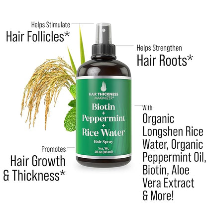Biotin + Peppermint Oil + Rice Water Spray For Hair Growth. Vegan, Leave In Conditioner Serum Spray For Women, Men. Thickening, Moisturizing, Strengthening Scalp Treatment For Dry, Frizzy, Weak Hair