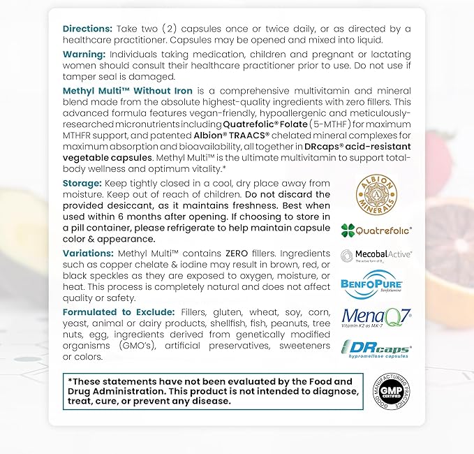 Methyl Multi Without Iron 120 Vegan 60 Day B12 & (5-MTHF), Multivitamin